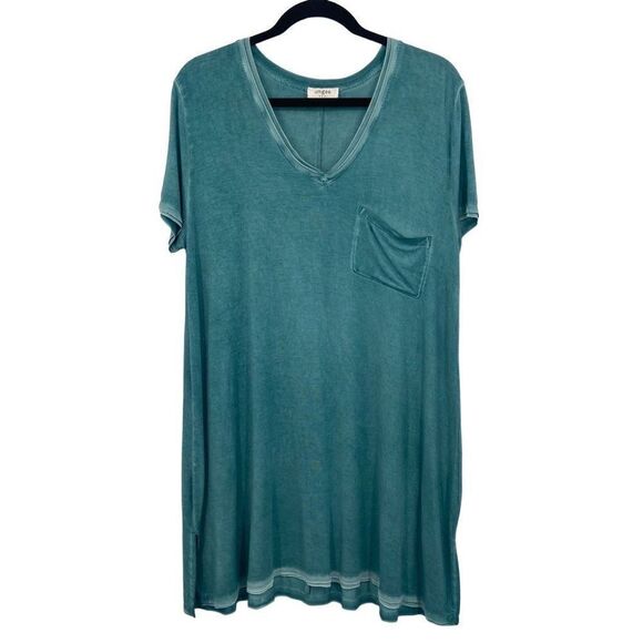 UMGEE Oversized Washed V-Neck Tee Chest Pocket Dress in Peacock Green Small - Picture 1 of 9